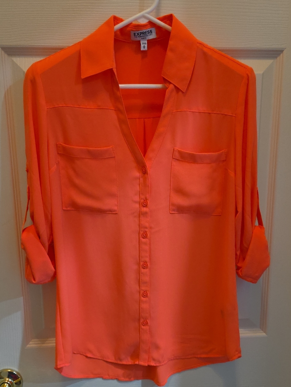 Express Coral Button-Front Shirt with Patch Pockets
